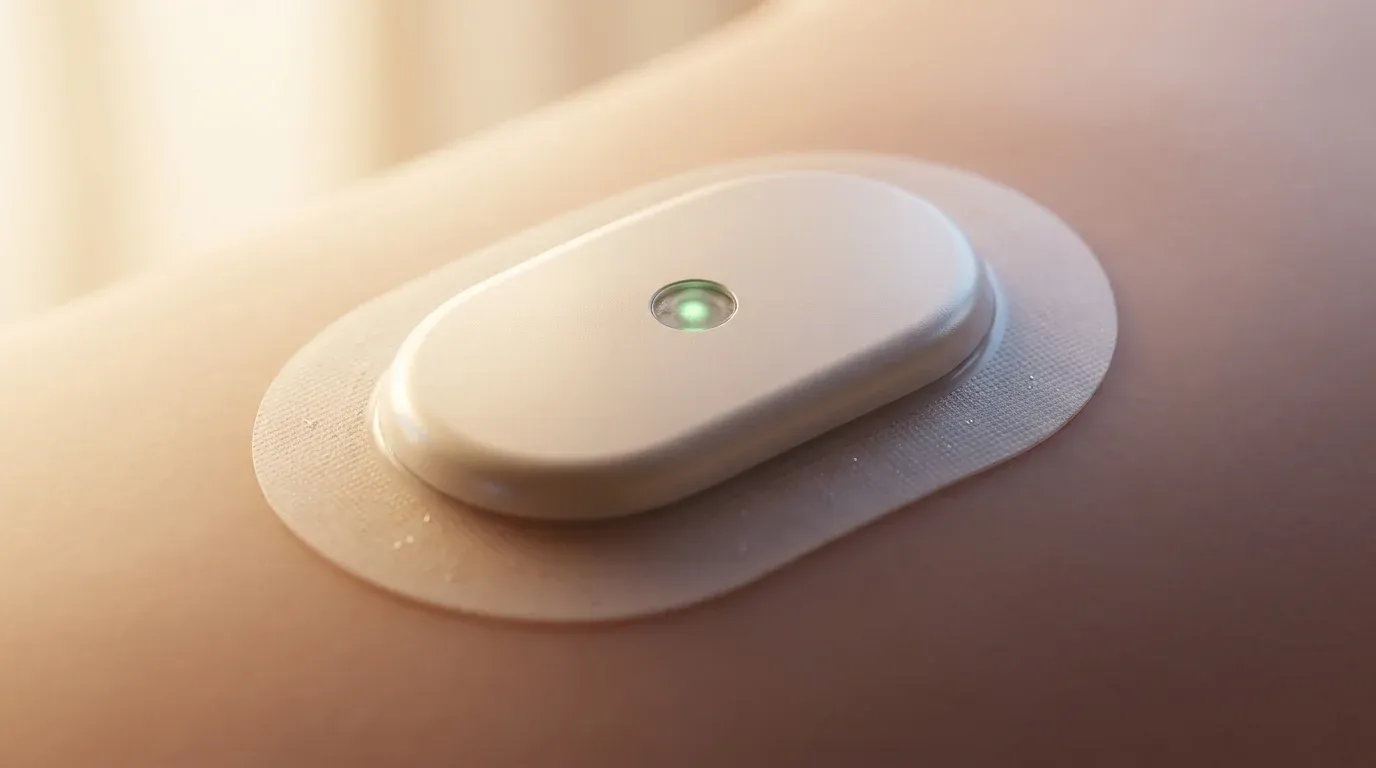 A close-up of a sleek continuous glucose monitor patch on a person's tricep, soft natural lighting