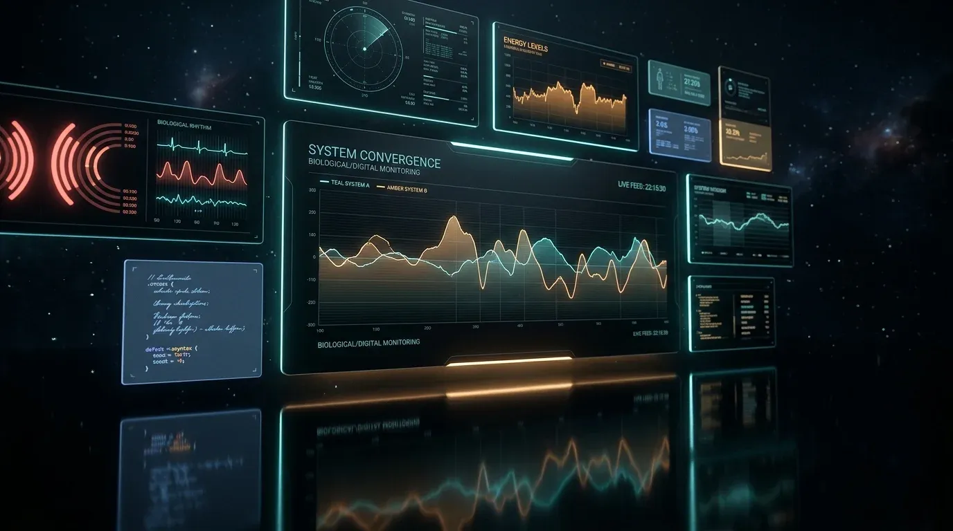 Digital dashboard merging code commits with metabolic data">The future of productivity software integrates physical biomarkers with output metrics.
